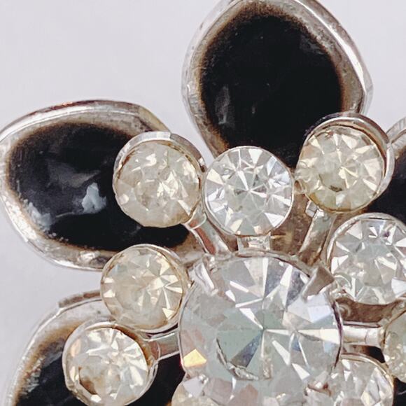 VTG Signed Coro Screw Back Earrings Black Enamel Rhinestone Mid Century - Picture 7 of 10